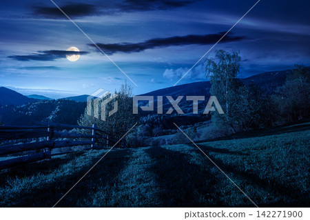 mountainous rural landscape in spring at night. mysterious view of valley fields. full moon over alpine meadow. carpathian mountains countryside with forest near pasture. agricultural fantasy mountainous rural landscape in spring at night. mysterious view of valley fields. full moon over alpine meadow. carpathian mountains countryside with forest near pasture. agricultural fantasy 142271900