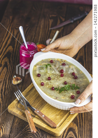 Tasty jelly with meat, beef aspic, traditional Christmas Ukrainian food 142271988