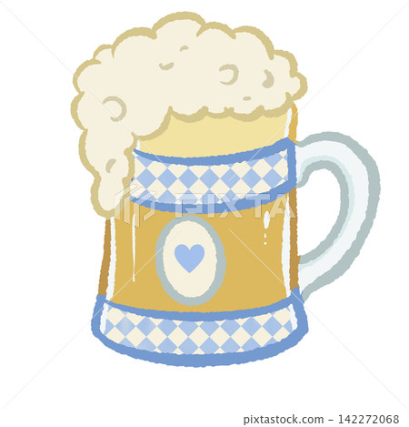 Cute foamy beer stein with blue Bavarian diamond pattern and heart detail Oktoberfest drink illustration Cute foamy beer stein with blue Bavarian diamond pattern and heart detail Oktoberfest drink illustration 142272068