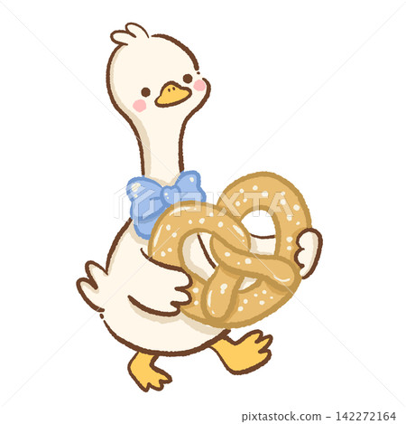 Cute long neck goose wearing a blue bow tie carrying a giant salted pretzel Oktoberfest Bavarian food illustration Cute long neck goose wearing a blue bow tie carrying a giant salted pretzel Oktoberfest Bavarian food illustration 142272164