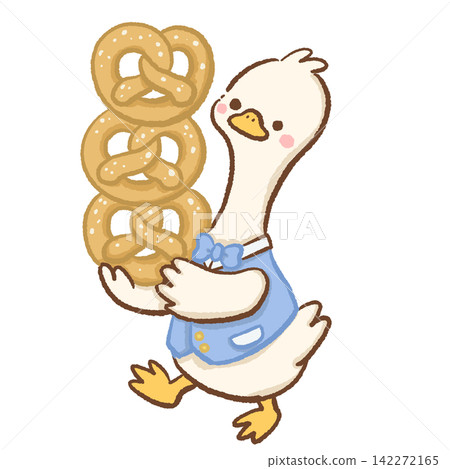 Cute long neck goose wearing a blue vest carrying a stack of three giant pretzels Oktoberfest festival illustration Cute long neck goose wearing a blue vest carrying a stack of three giant pretzels Oktoberfest festival illustration 142272165