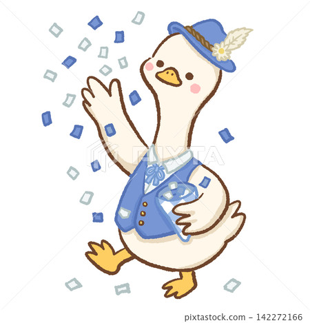 Cute long neck goose wearing traditional blue Bavarian outfit and alpine hat tossing blue confetti Oktoberfest celebration illustration Cute long neck goose wearing traditional blue Bavarian outfit and alpine hat tossing blue confetti Oktoberfest celebration illustration 142272166