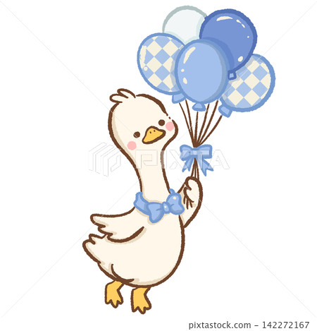 Cute long neck goose wearing a blue bow tie holding blue and Bavarian diamond balloons Oktoberfest party illustration 142272167