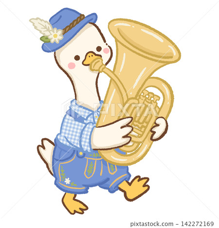 Cute long neck goose wearing Bavarian lederhosen and alpine hat playing a large brass tuba Oktoberfest parade illustration Cute long neck goose wearing Bavarian lederhosen and alpine hat playing a large brass tuba Oktoberfest parade illustration 142272169