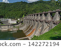 The Jinzu River with the Jinji Dam and the lush green mountain range. 142272194