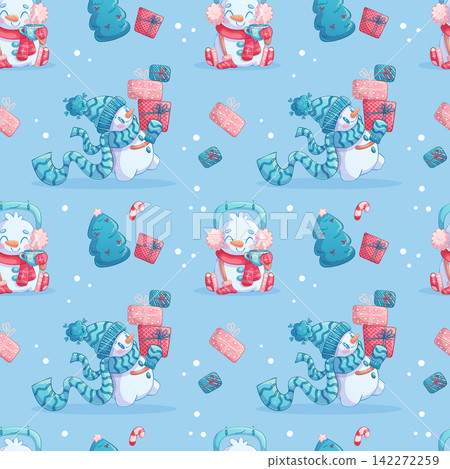 Seamless pattern with cute snowmen in hats and scarves, Christmas tree, gift box. Smiling characters. Vector illustration for postcard design, printing, textiles, wallpaper Seamless pattern with cute snowmen in hats and scarves, Christmas tree, gift box. Smiling characters. Vector illustration for postcard design, printing, textiles, wallpaper 142272259