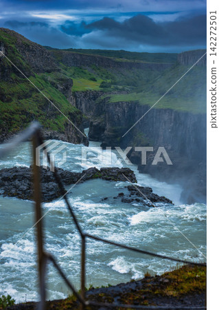 Dramatic Icelandic Canyon with Turquoise River and Basalt Cliffs Dramatic Icelandic Canyon with Turquoise River and Basalt Cliffs 142272501