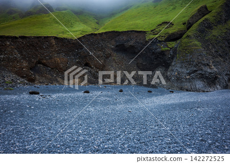 Mossy Basalt Cliffs and Black Sand Beach in Iceland Mossy Basalt Cliffs and Black Sand Beach in Iceland 142272525