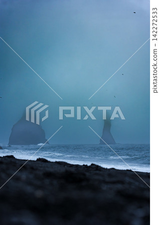 Misty Sea Stacks at Black Sand Beach Iceland Misty Sea Stacks at Black Sand Beach Iceland 142272533