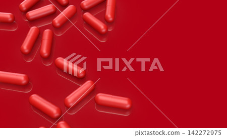 Red Medical Capsules on Monochrome Background 3d render. Red Medical Capsules on Monochrome Background 3d render. 142272975