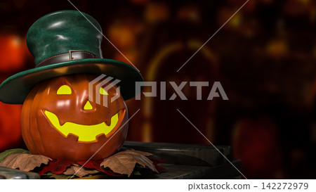 Glowing Halloween Pumpkin Wearing a Green Top Hat 3d render. Glowing Halloween Pumpkin Wearing a Green Top Hat 3d render. 142272979