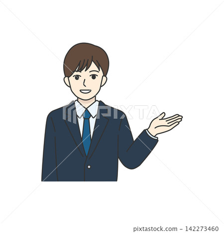 男性，海軍藍西裝，單手做手勢引導，呼叫中心。 142273460