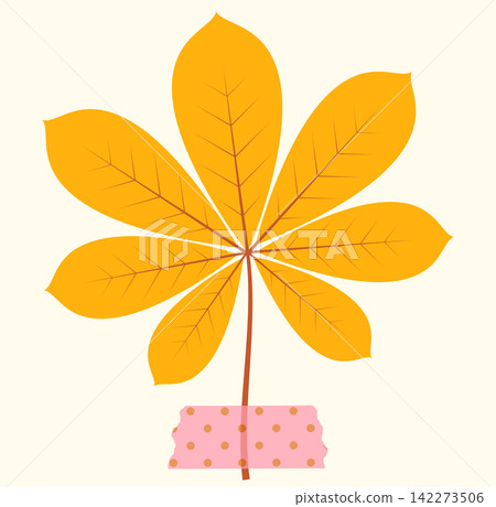Vector dried yellow chestnut leaf mounted with paper washi tape, Cute herbarium icon for fall craft designs and journaling Vector dried yellow chestnut leaf mounted with paper washi tape, Cute herbarium icon for fall craft designs and journaling 142273506