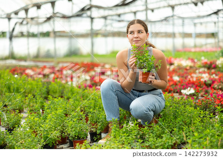 Young woman holding a pot of mint in a greenhouse Young woman holding a pot of mint in a greenhouse 142273932