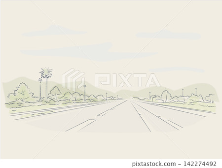 An endless highway and distant mountain ranges. 142274492