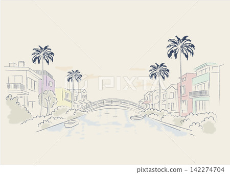 度假勝地的景象,色彩繽紛的房屋沿著水岸排列,還有船隻穿梭其間。 度假勝地的景象,色彩繽紛的房屋沿著水岸排列,還有船隻穿梭其間。 142274704