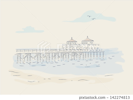一幅描繪時尚海上碼頭的插圖，靈感來自洛杉磯的馬里布碼頭。 142274813