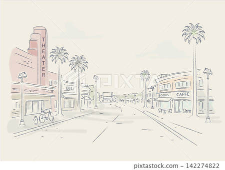 An illustration of a retro-style streetscape with a theater, inspired by Culver City, Los Angeles. An illustration of a retro-style streetscape with a theater, inspired by Culver City, Los Angeles. 142274822