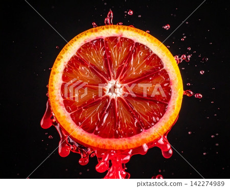 A halved blood orange bursts mid-splash, droplets of juice A halved blood orange bursts mid-splash, droplets of juice 142274989