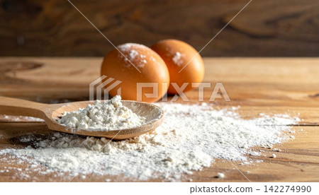 white flour on a wooden surface with fresh brown eggs white flour on a wooden surface with fresh brown eggs 142274990