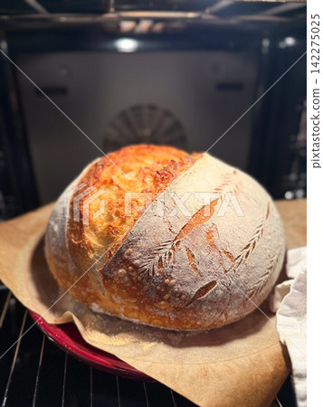 Sourdough bread baking in oven with scored crust Sourdough bread baking in oven with scored crust 142275025