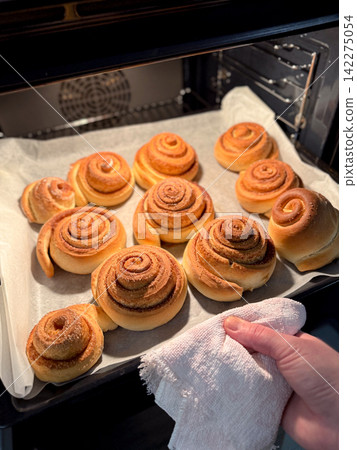 Freshly baked cinnamon rolls in oven baking homemade dessert Freshly baked cinnamon rolls in oven baking homemade dessert 142275054