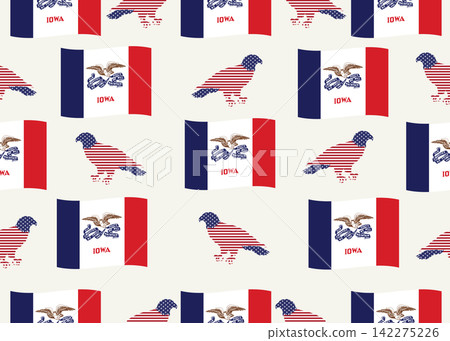 A seamless pattern featuring the Iowa state flag and a bald eagle in a Stars and Stripes design. A seamless pattern featuring the Iowa state flag and a bald eagle in a Stars and Stripes design. 142275226