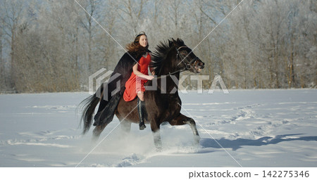 Woman riding horse in snowy winter landscape Woman riding horse in snowy winter landscape 142275346