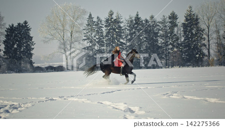 Woman riding horse in red dress through winter snow Woman riding horse in red dress through winter snow 142275366