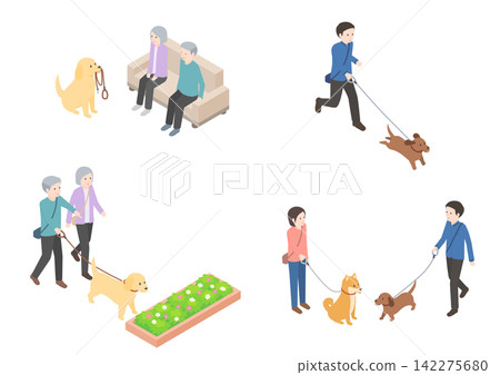A set of illustrations depicting the lives of people enjoying walking their dogs. A set of illustrations depicting the lives of people enjoying walking their dogs. 142275680