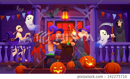 Halloween holiday porch interior with funny and scary characters, pumpkin lanterns and flying bats. Witch and sorcerer, ghost, devil and Grim Reaper, mummy Halloween cartoon character on home porch Halloween holiday porch interior with funny and scary characters, pumpkin lanterns and flying bats. Witch and sorcerer, ghost, devil and Grim Reaper, mummy Halloween cartoon character on home porch 142275710