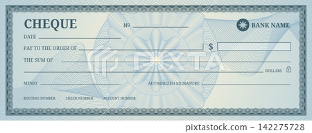 Bank checkbook cheque, paper payment cheque with blue watermark and guilloche, blank donate and charity template. Award or gift voucher professional financial document for payment or money transfer Bank checkbook cheque, paper payment cheque with blue watermark and guilloche, blank donate and charity template. Award or gift voucher professional financial document for payment or money transfer 142275728