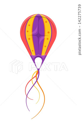 Festival paper kite with balloon form and long tails streamers waving from bottom. Child entertainment cartoon isolated vector kite, Makar Sankranti holiday flying toy. Kids outdoor sports paper wing Festival paper kite with balloon form and long tails streamers waving from bottom. Child entertainment cartoon isolated vector kite, Makar Sankranti holiday flying toy. Kids outdoor sports paper wing 142275739