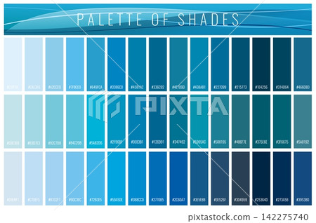 Blue color palette, ultramarine and navy, cerulean and cobalt, denim and sapphire, turquoise blue swatches. Cool colors palette guide chart from light to dark shades gradation, paint catalogue Blue color palette, ultramarine and navy, cerulean and cobalt, denim and sapphire, turquoise blue swatches. Cool colors palette guide chart from light to dark shades gradation, paint catalogue 142275740