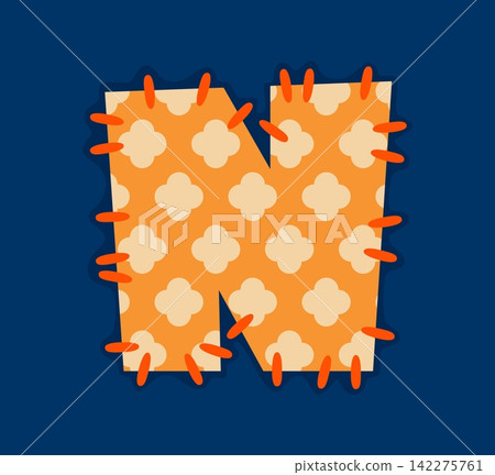 Cartoon patch font orange letter N, patchwork typeface, motley ABC English alphabet type. Textile typeface, fabric applique alphabet letter. Motley patchwork font type with floral pattern and thread Cartoon patch font orange letter N, patchwork typeface, motley ABC English alphabet type. Textile typeface, fabric applique alphabet letter. Motley patchwork font type with floral pattern and thread 142275761