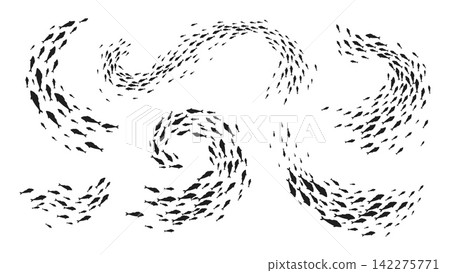 Fish school and shoal silhouettes. Ocean marine and underwater life, sea nature and ecology, seafood and fishing industry background with tuna or salmon fish school, shoals waves and lines set Fish school and shoal silhouettes. Ocean marine and underwater life, sea nature and ecology, seafood and fishing industry background with tuna or salmon fish school, shoals waves and lines set 142275771