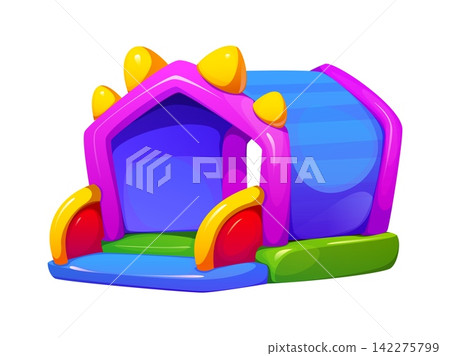 Trampoline park inflatable castle bouncy, inflatable playhouse. Kids birthday party vector bouncy playhouse, amusement park inflatable house. Child area trampoline with blue walls and yellow horns Trampoline park inflatable castle bouncy, inflatable playhouse. Kids birthday party vector bouncy playhouse, amusement park inflatable house. Child area trampoline with blue walls and yellow horns 142275799