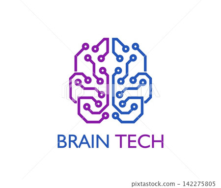 Modern brain tech emblem with two hemisphere brain shape filled with digital circuit line pattern in purple and blue gradient tones. Artificial intelligence symbol for tech startups or innovation hubs Modern brain tech emblem with two hemisphere brain shape filled with digital circuit line pattern in purple and blue gradient tones. Artificial intelligence symbol for tech startups or innovation hubs 142275805