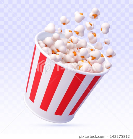 3d movie popcorn bucket, isolated cinema entertainment pop corn snack food in striped box, vector. Realistic popcorn explosion, popped corn kernels in red white paper bucket of cinema fast food cafe 3d movie popcorn bucket, isolated cinema entertainment pop corn snack food in striped box, vector. Realistic popcorn explosion, popped corn kernels in red white paper bucket of cinema fast food cafe 142275812