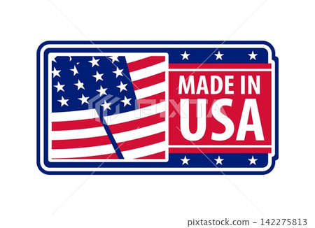 Made in USA rectangular badge featuring waving American flag with stars and stripes and bold white typography on red panel with decorative stars. Flat stamp for product labels and retail merchandise Made in USA rectangular badge featuring waving American flag with stars and stripes and bold white typography on red panel with decorative stars. Flat stamp for product labels and retail merchandise 142275813