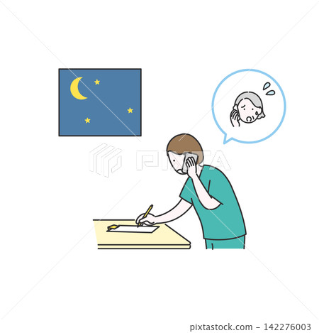 一幅插圖描繪了一名護理人員在夜間接到電話並進行採訪的情景。 一幅插圖描繪了一名護理人員在夜間接到電話並進行採訪的情景。 142276003
