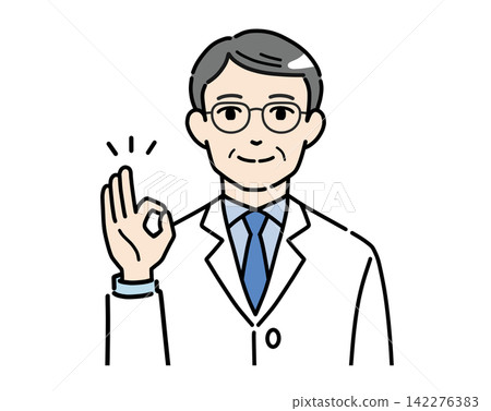 An illustration of a senior man in a white coat making an OK sign. An illustration of a senior man in a white coat making an OK sign. 142276383