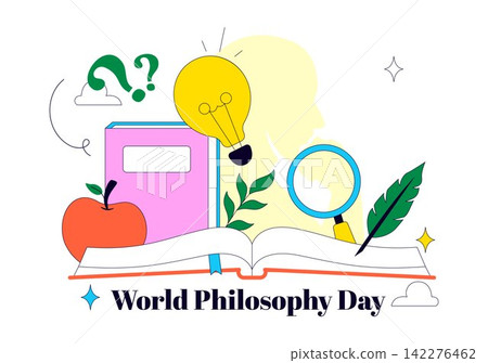 World Philosophy Day Vector Illustration Featuring Books, Ancient Philosopher, Light Bulb, Apple, Brain, Knowledge and Critical Thinking World Philosophy Day Vector Illustration Featuring Books, Ancient Philosopher, Light Bulb, Apple, Brain, Knowledge and Critical Thinking 142276462