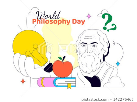 World Philosophy Day Vector Illustration Featuring Books, Ancient Philosopher, Light Bulb, Apple, Brain, Knowledge and Critical Thinking 142276465