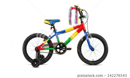 Colorful children bicycle with training wheels and decorative ribbons isolated on white background training colorful transport streamers handlebars isolated background recreation learning Colorful children bicycle with training wheels and decorative ribbons isolated on white background training colorful transport streamers handlebars isolated background recreation learning 142276543
