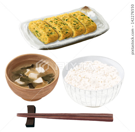 蔥花蛋捲（配味噌湯、米飯和筷子） 142276550