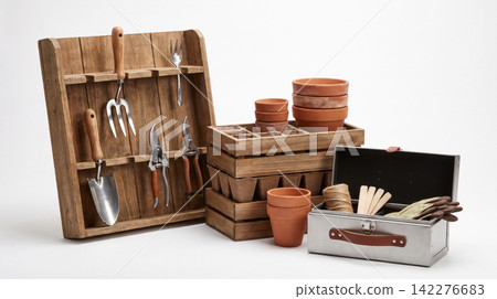 Rustic wooden wall rack with gardening tools stacked trays metal supply chest on white surface gardening equipment accessories scissors background isolated material collection supplies Rustic wooden wall rack with gardening tools stacked trays metal supply chest on white surface gardening equipment accessories scissors background isolated material collection supplies 142276683