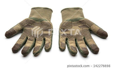 Pair of camouflage pattern protective gloves with protective camouflage clothing accessory textured protection material gardening construction isolated background equipment 142276698
