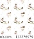 Seamless watercolor pattern with Ragdoll cats in different poses, featuring cream fur, brown markings, blue eyes and tiny pink accents, an illustration for nursery decor, stationery and gifts. 142276979