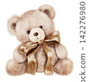Watercolor teddy bear with soft beige fur and a brown bow around its neck, an illustration for nursery decor, children's stationery, greeting cards, gifts, birthdays and holidays. 142276980